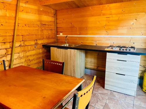 a kitchen with a sink and a table in a cabin at Saline les bains studio avec cuisine & espace détente extérieurs calme & plage à pied in Saint-Paul