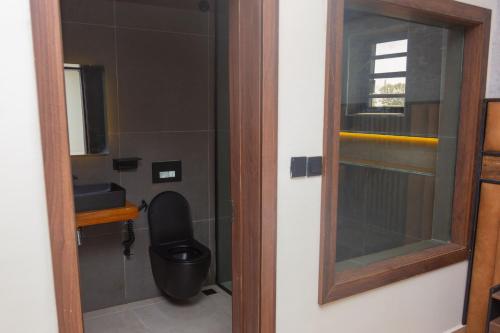 a bathroom with a toilet and a glass door at Grayville Hotels and Bistro in Akure