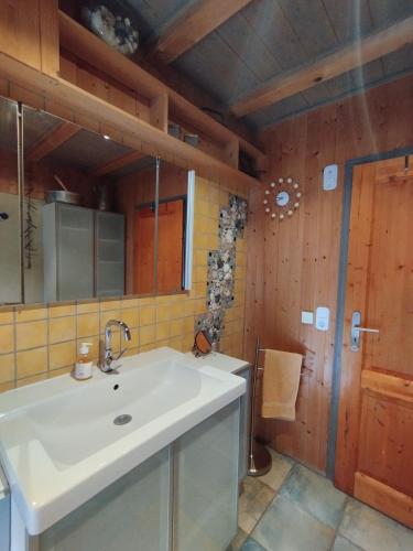 a bathroom with a white sink and wooden walls at Ferienwohnung auf dem Land in Molzbach in Hünfeld