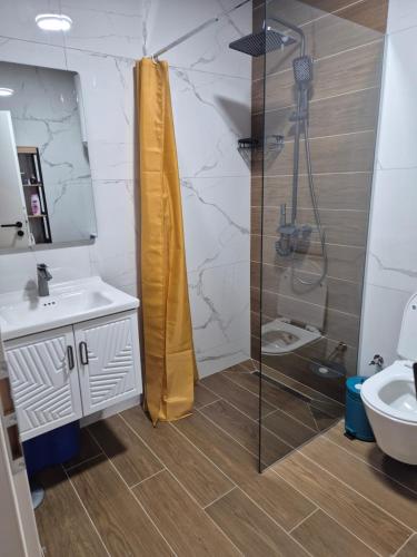 a bathroom with a shower and a sink and a toilet at Meli Deluxe in Prizren