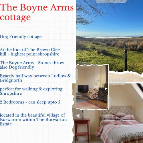a flyer for the bowingarms cottage with a bed at Burwarton cottage in Burwarton