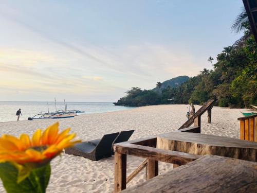 a view of a beach with a bench and a chair at White Beach Front and Cottages in Buruanga