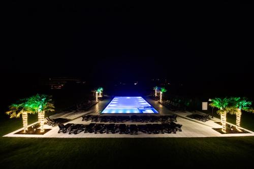 a swimming pool with chairs and palm trees at night at Ross-Domki in Sarbinowo