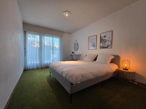 a bedroom with a large bed and a window at Charmante villa avec terrasse et jardin arboré in Geneva