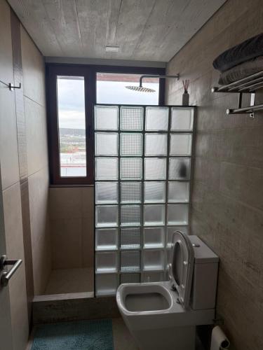 a small bathroom with a toilet and a window at Apart Sei - Rada Tilly - in Rada Tilly