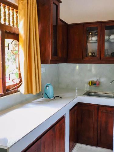 a kitchen with wooden cabinets and a sink and a window at T N D House in Habaraduwa Central
