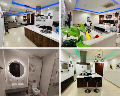 a collage of photos of a kitchen and a living room at Gold Crest Mall & Residency Premium Apartments With Al-Fatah Store & Shopping Mall in Lahore