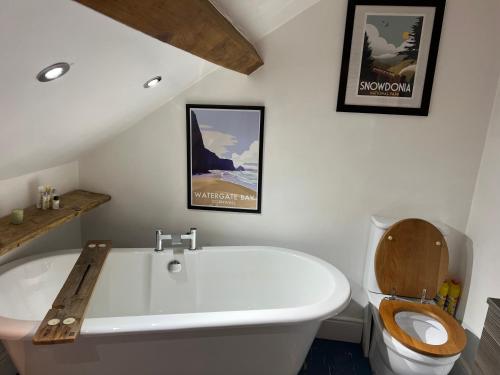 a bathroom with a white tub and a toilet at Bryn Y Gwynt, Betws y Coed in Betws-y-coed