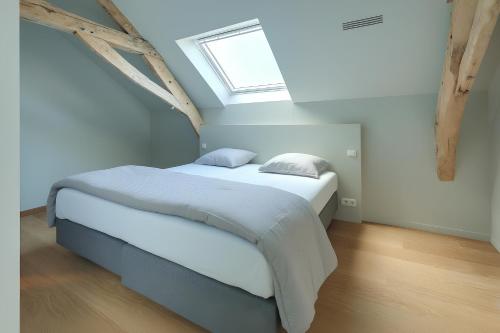 1 dormitorio con 1 cama con tragaluz en Ferme de Pétrieux - Gîte PMR "Le Saule" avec piscine et wellness, en Tournai