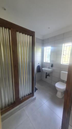 a bathroom with a toilet and a sink at Bedrock Backpackers in Harrismith
