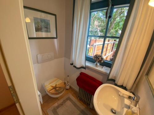 a small bathroom with a sink and a window at Maison à Colombage - Heimkino & Altstadt-Flair in Hameln