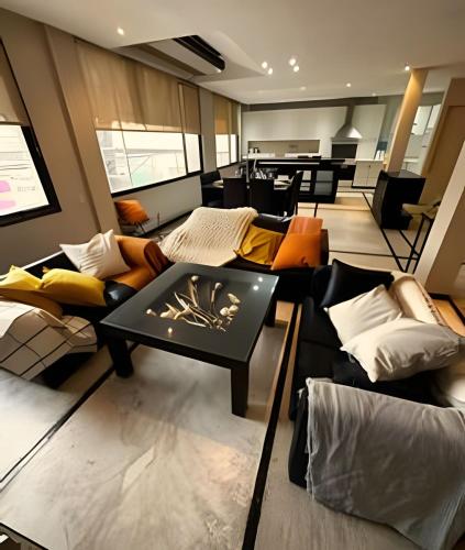 a living room with couches and a fireplace in it at Piso completo Centrico-Terraza-Jacuzzi-AA in Mendoza