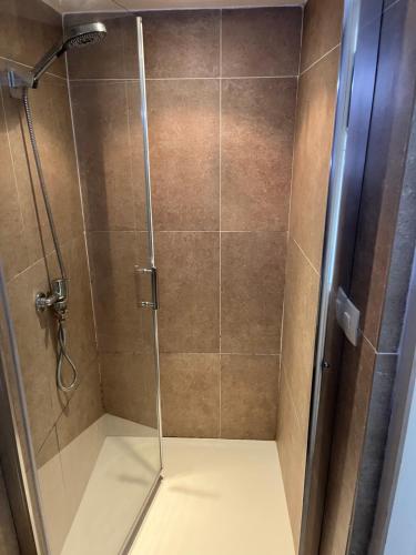 a shower with a glass door in a bathroom at Studio tout confort proche centre et Lac avec 2 vélos prêtés in Annecy