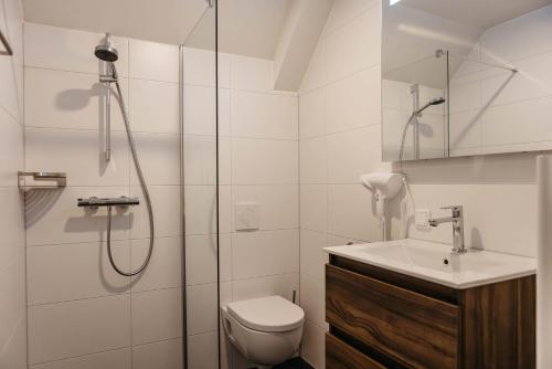 ein Badezimmer mit Dusche, Toilette und Waschbecken in der Unterkunft Watervilla binnenhaven met Sauna | 6 personen - Boutique Parc Pharshoeke in Heeg