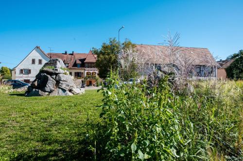 a group of houses in a yard with a rock at Au Bretzel in Ostheim