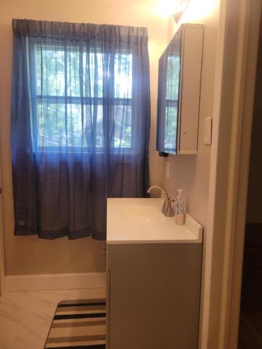 a bathroom with a sink and a window at Central located large home on quiet wooded street in Lumberton