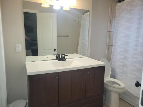 a bathroom with a sink and a toilet and a mirror at Beautiful historic home with southern charm in Lumberton
