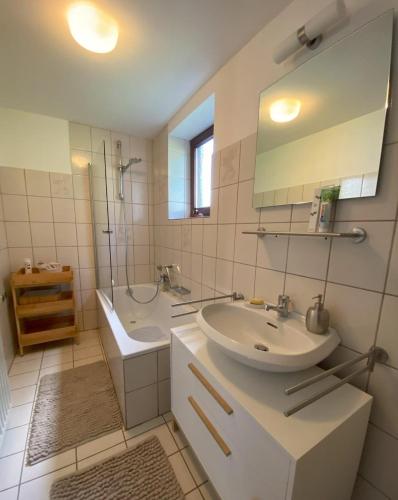 a bathroom with a sink and a mirror and a shower at Auszeit Ferienhaus Nr 2 in Sierscheid