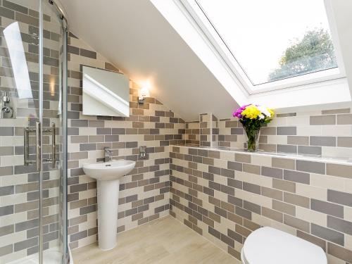 a bathroom with a sink and a toilet and a window at The Row in Much Marcle