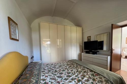a bedroom with a bed and a flat screen tv at Cà du lac in Dervio