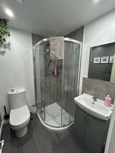 a bathroom with a shower and a toilet and a sink at Chloes Holiday Apartments in Inverness