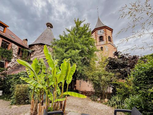 an old building with a clock tower in front of it at Au Nid de Cigogne in Zellenberg
