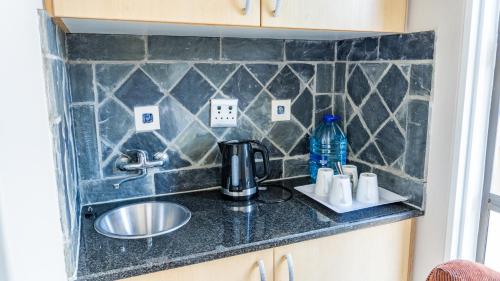 a kitchen counter with a sink and a mixer at The Sandcastle - Apartment in Villa in Witsand