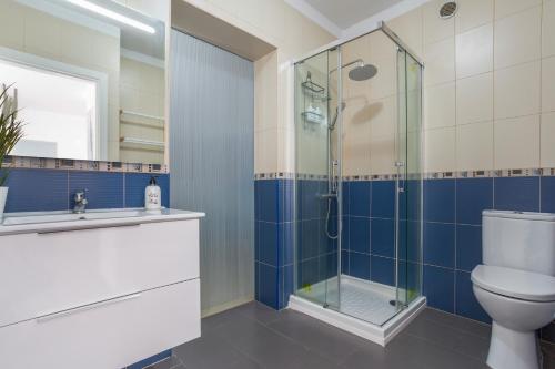a bathroom with a toilet and a glass shower at Casa Alsa in La Guancha