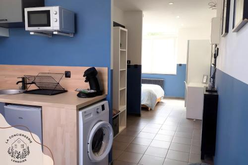 a kitchen with a washing machine in a room at Les Eugènes, appartements in Lens