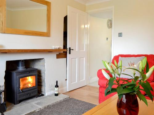 a living room with a fireplace and a red couch at Keldholme Cottages 2 - Uk11488 in Kirkbymoorside
