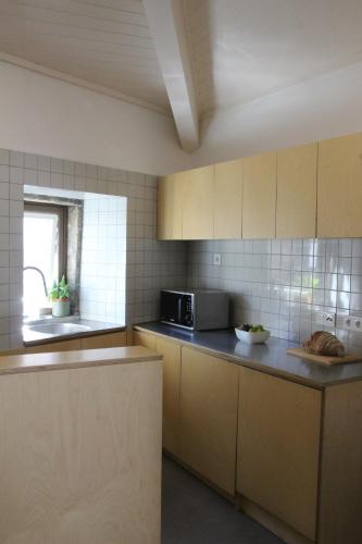a kitchen with a counter and a microwave in it at Quintal do Forno l Casa da Hera in Paços da Serra