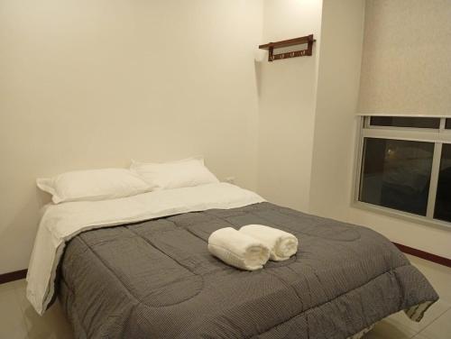 アスンシオンにあるApartment near Shopping Mariscalのベッドとタオル2枚のある寝室