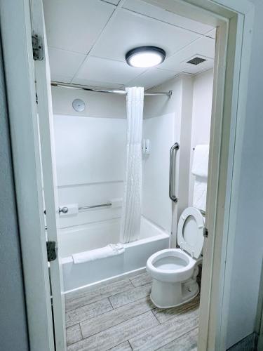 a bathroom with a toilet and a bath tub at Quality Inn & Suites Clemmons I-40 in Clemmons