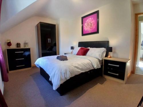 a bedroom with a bed with white sheets and red pillows at Oaktree Manor in Castlewellan