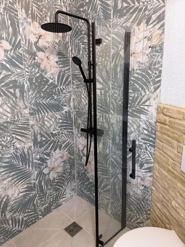 a shower with a glass door in a bathroom at Charming Boutique B&B Hotel in Villalfonsina
