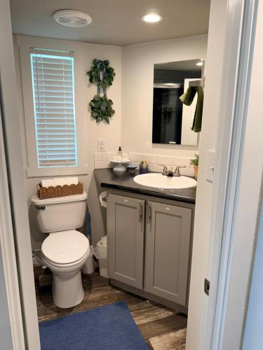 a bathroom with a toilet and a sink at The Refuge at Vanderosa in Conroe