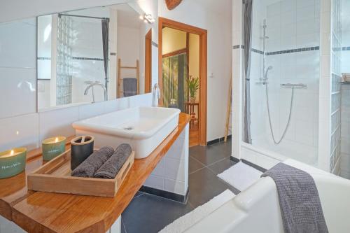 a bathroom with a sink and a tub and a shower at La Forge - Chambres d'hôtes en Ardenne in Wellin