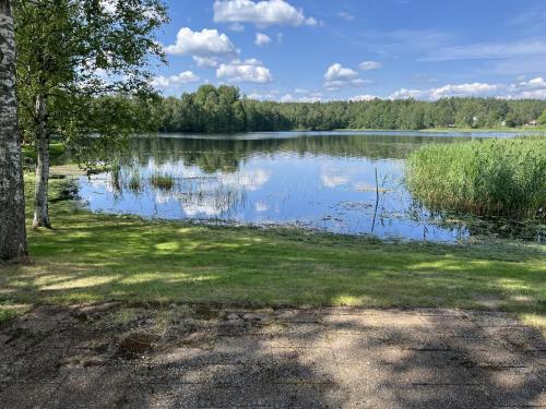 a view of a lake with trees and grass at Spacious apartment with lake view only 15 minutes from Vimmerby in Hällerum