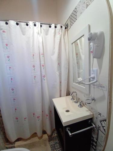 a bathroom with a shower curtain and a sink at La caballeriza departamentos in Alta Gracia
