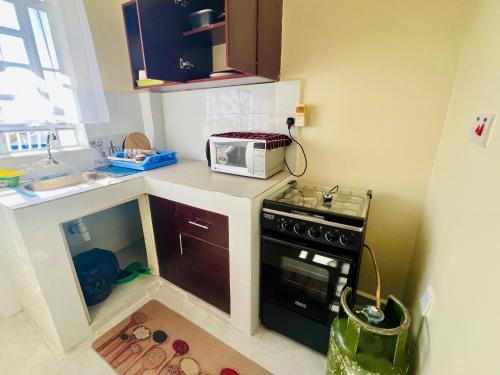 a small kitchen with a stove and a sink at Enkaji in Narok