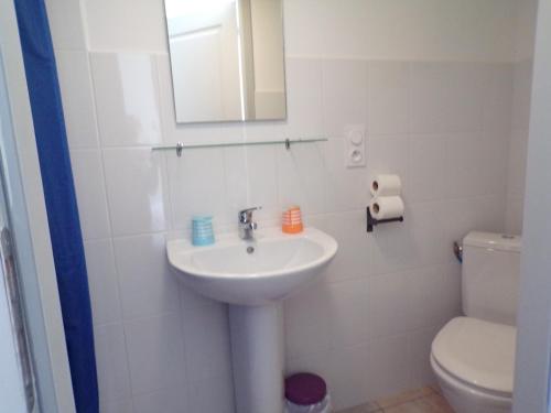 a white bathroom with a sink and a toilet at La Grange in Dieulivol
