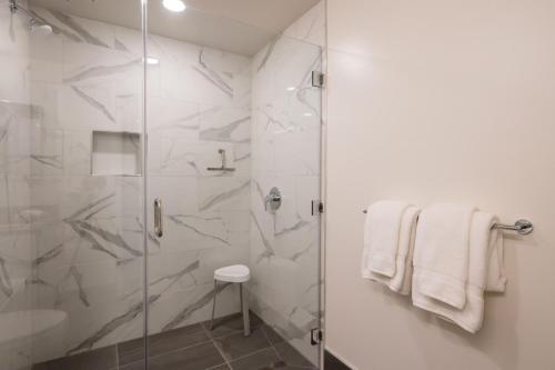 a bathroom with a shower with a glass door at Elevator-Work Here-Gig WiFi-King Bed-Laundry in unit in Walnut Creek