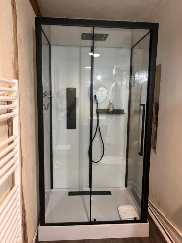 a shower with a glass door in a bathroom at Le Petit Hameau de Chantilly - Studio 4 pers Chic et Charme au Coeur de Chantilly - Classé 3 étoiles in Chantilly