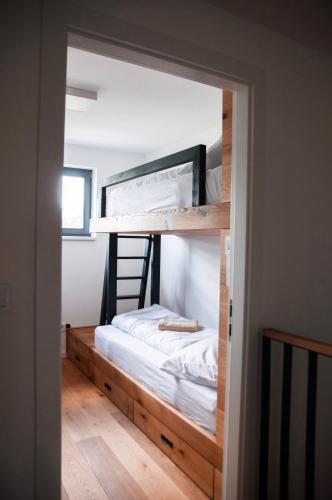 a bedroom with a bunk bed with a ladder at Chalupa Nadohled in Červený Potok