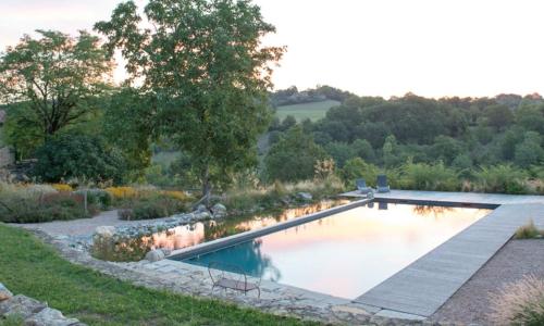 a swimming pool in the middle of a garden at Mas del Lum in Boussac