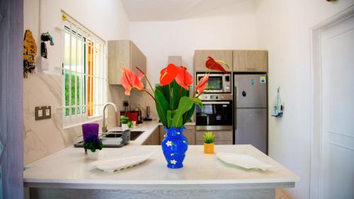 a kitchen with a blue vase with flowers on a counter at VILLA CANELLE in Trou aux Biches