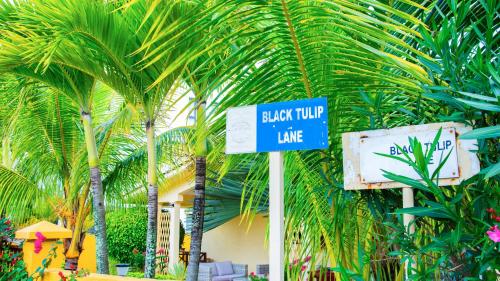 a blue sign in front of some palm trees at VILLA CANELLE in Trou aux Biches