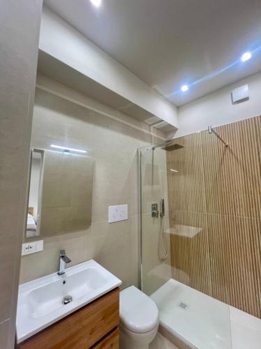 a bathroom with a shower and a toilet and a sink at Athenèa Smart Rooms - Atenea Collection in Agrigento