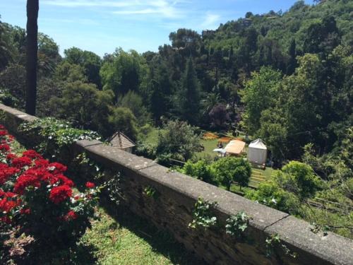 a view of a garden with flowers on a wall at Lovely apartment in the old town, near the beach in Arenzano