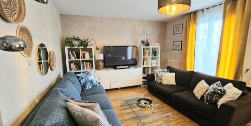 a living room with a blue couch and a tv at Reims Center Cathedral View in Reims